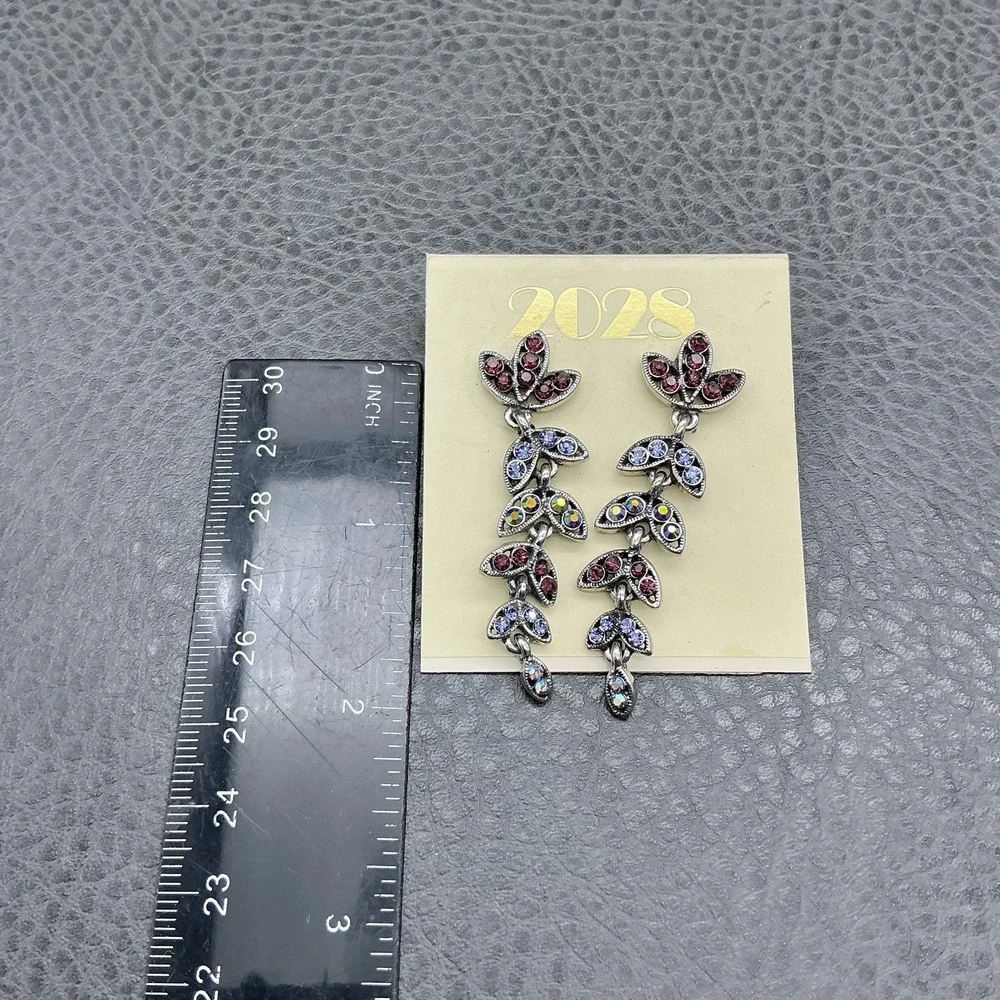 2028 Leaf‎ Vine Dangle Earrings Silver Tone Multicolor Rhinestone Womens 2 Inch
